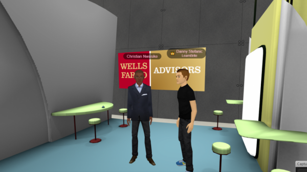 Two attendees in conversation at a branded booth in MootUp