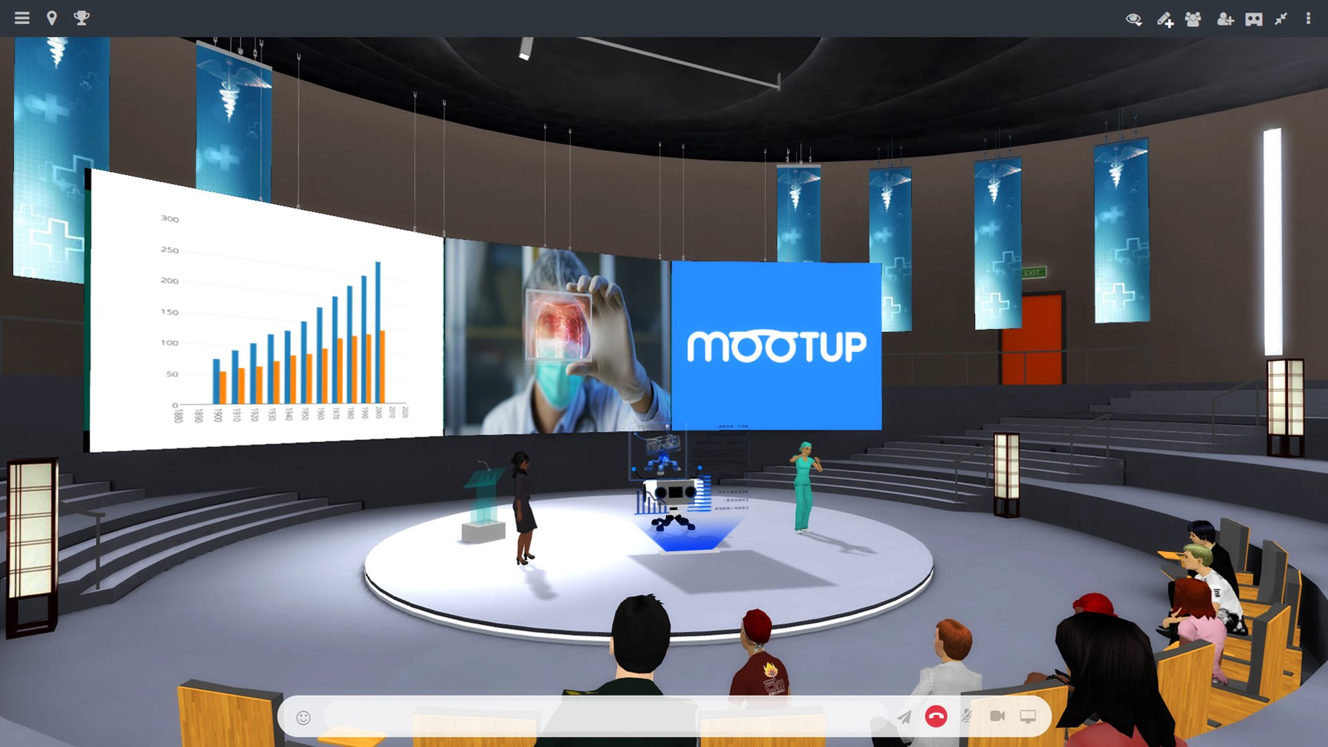 Remote attendees watching a healthcare presentation inside a MootUp hybrid event venue