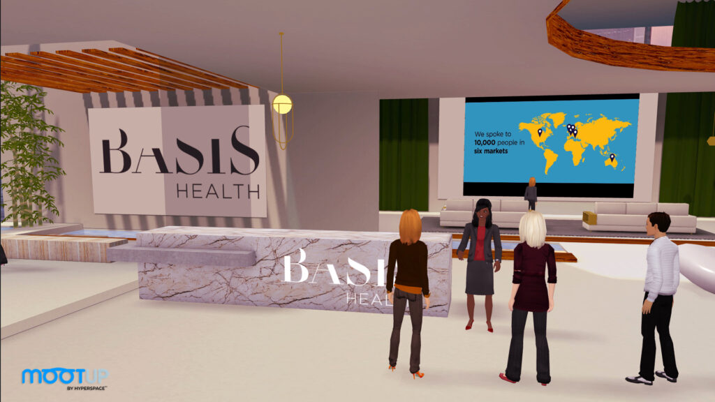 Avatars representing different individuals stand in a sleek virtual lobby with a large 'BASIS HEALTH' sign, engaging with a welcome guide