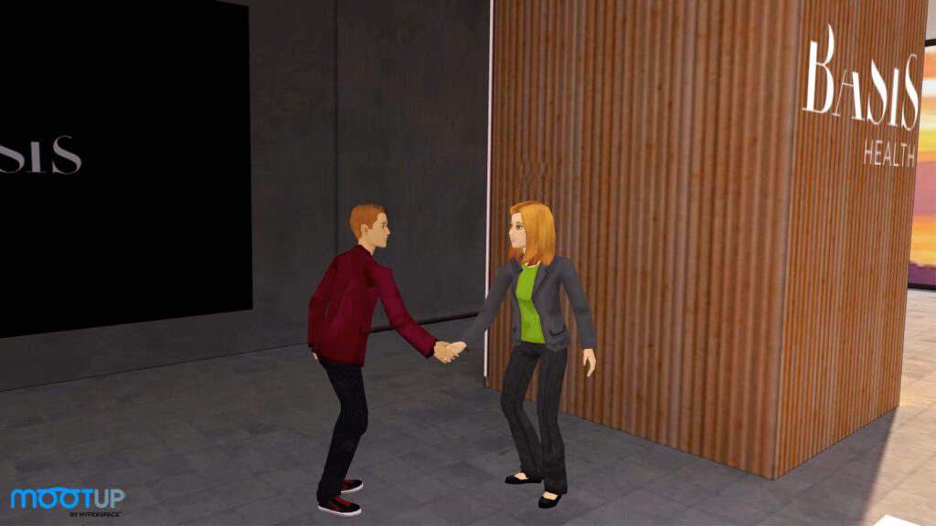 Two avatars in business attire perform a handshake in the virtual workshop space, highlighting the platform's interactive features for professional engagement.