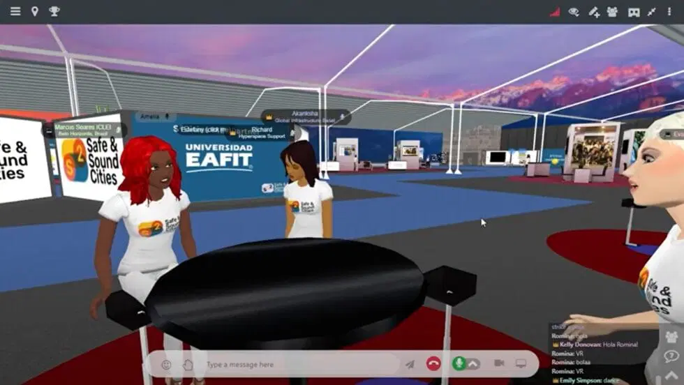 Screenshot of browser-based metaverse expo hall with immersive, interactive 3D booths