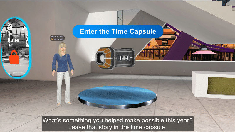 MootUp virtual event time capsule – animated preview An avatar beside a floating time capsule above a blue platform in MootUp, inviting guests to share a story from their year.