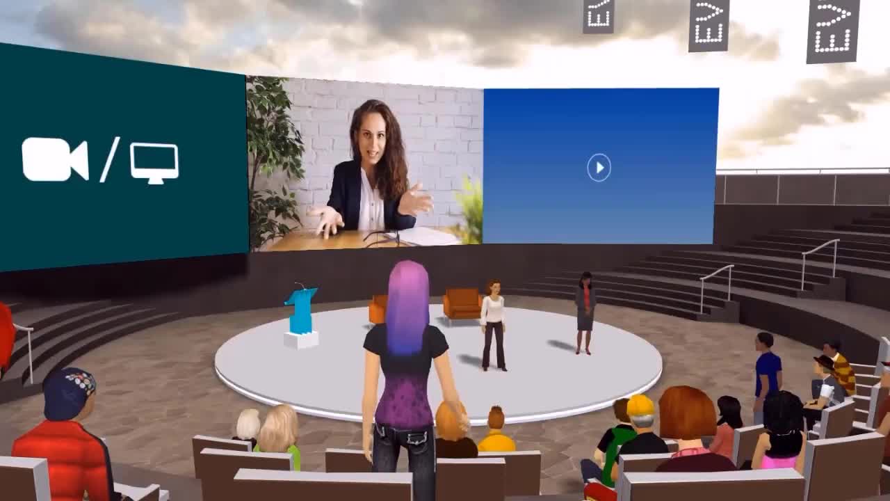 A live presenter on screen in MootUp’s shared 3D auditorium