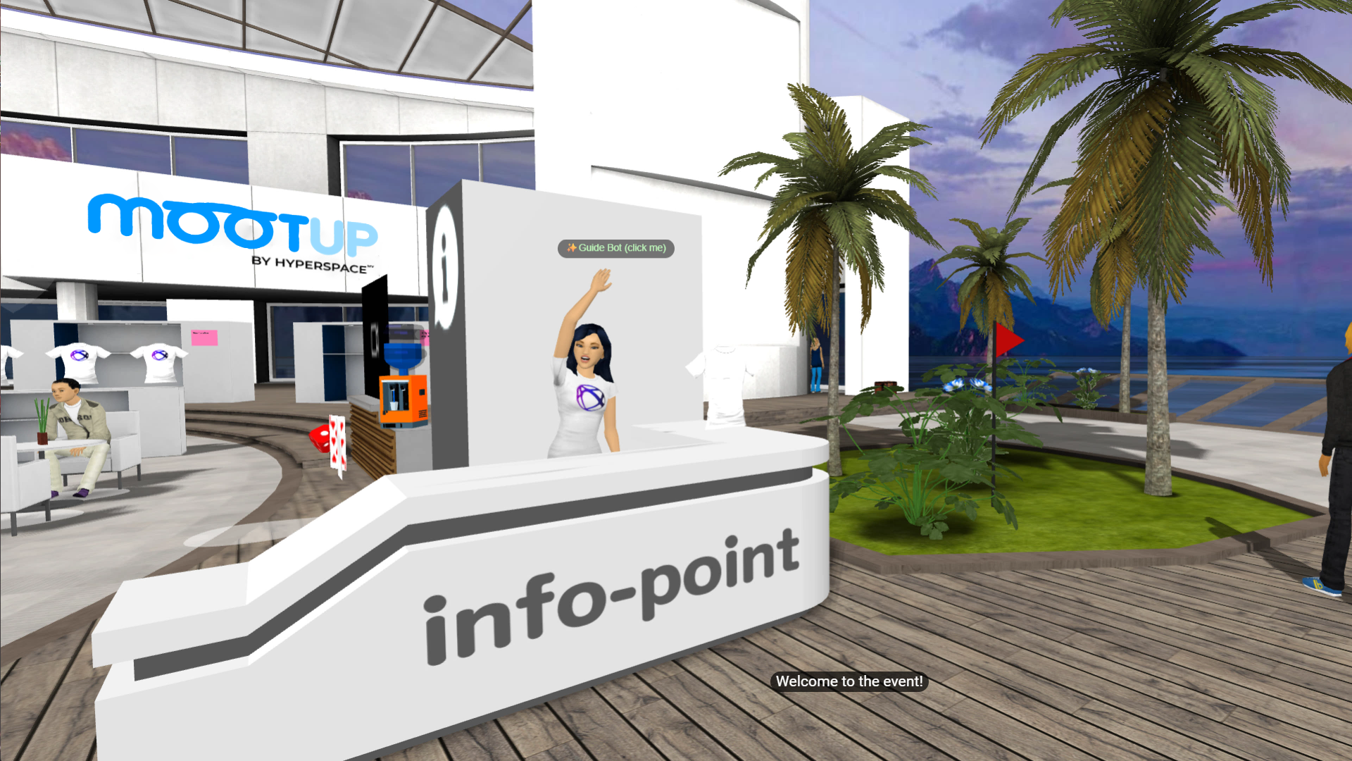 MootUp AI guide welcoming guests at the information desk A waving virtual guide at a MootUp information desk, with a Guide Bot (click me) label and a Welcome to the event caption.