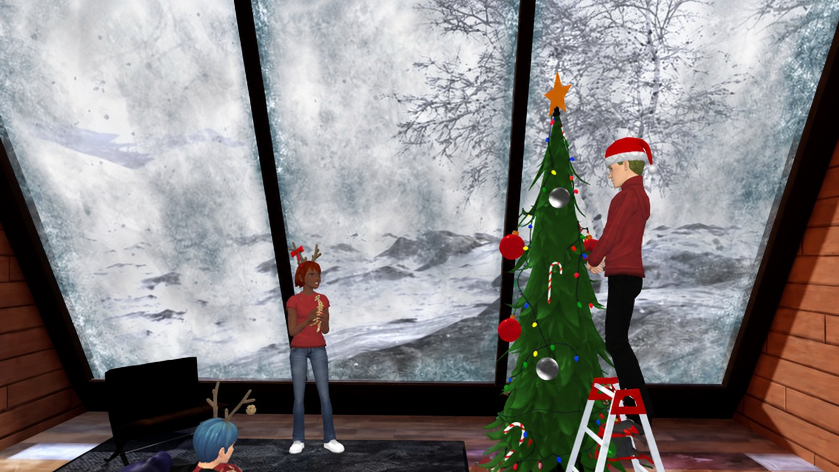 Avatars gathered in a seasonal MootUp chalet with a decorated tree